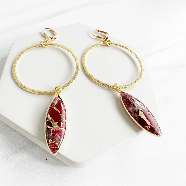 Super Big Hoop Earrings with Marquise Gemstone Pendants in Gold