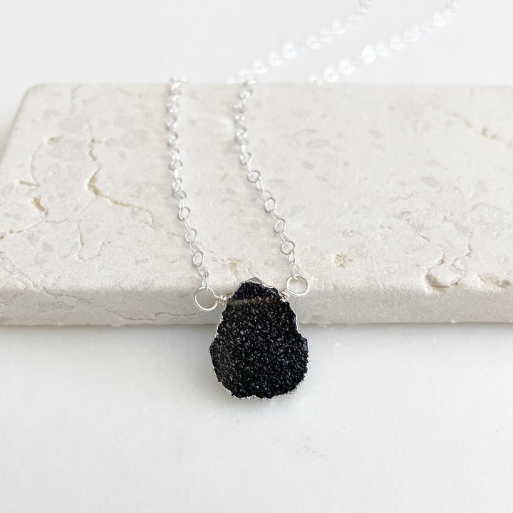 Black Druzy Gemstone Slice Necklace in Sterling Silver