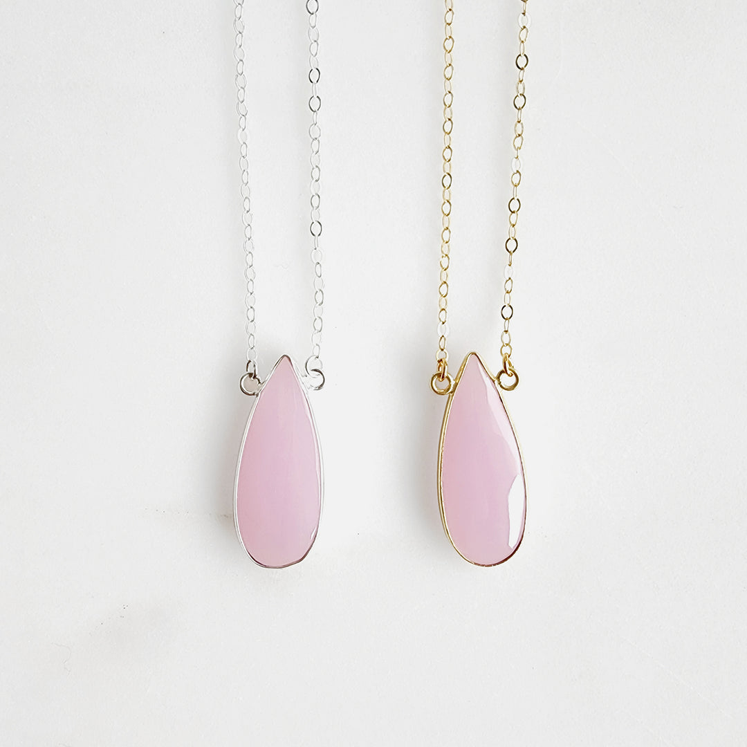 Long Pink Chalcedony Teardrop Bezel Stone Statement Necklace in Gold and Silver