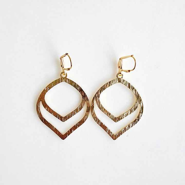 Double Teardrop Dangle Earrings in Brushed Brass Gold