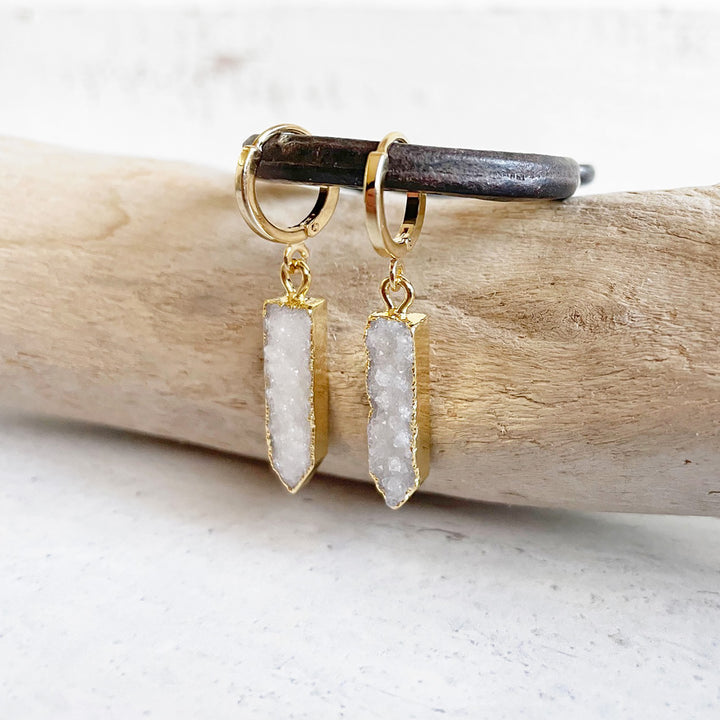 White Druzy Point Hoop Earrings in Gold. Dainty Gold Earrings