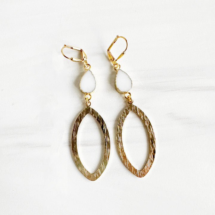 Open Marquise and White Agate Statement Earrings in Brushed Brass Gold
