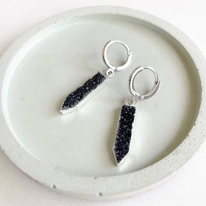 Black Druzy Point Hoop Earrings in Gold and Silver