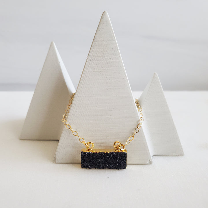 Black Druzy Bar Necklace in Gold
