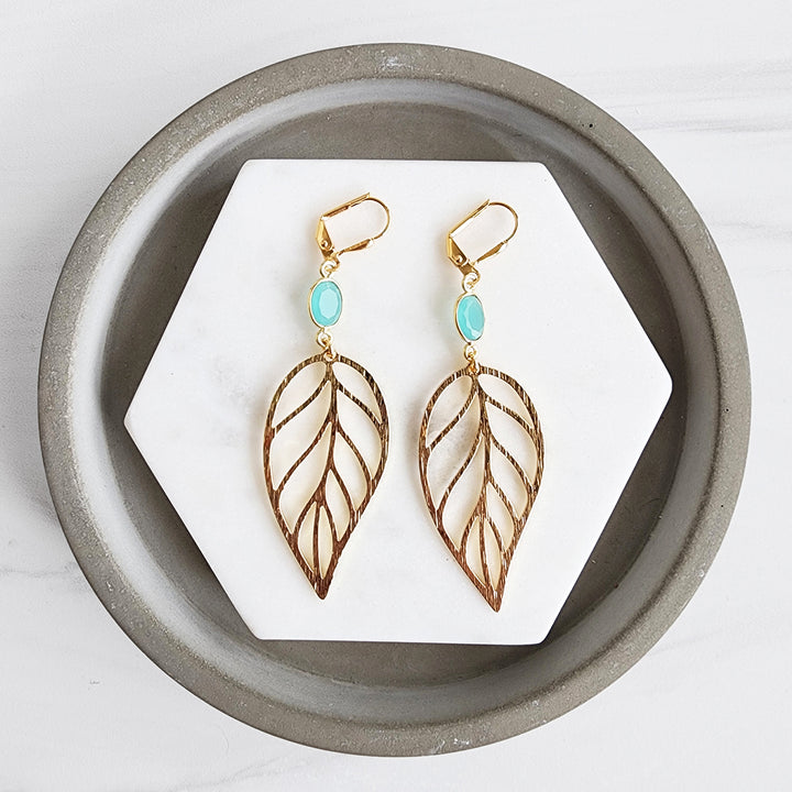 Turquoise Leaf Statement Earrings in Brushed Brass Gold