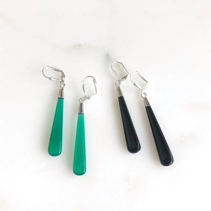 Long Gemstone Drop Earrings in Silver