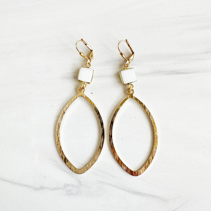 White Agate Bezel and Marquise Statement Earrings in Brushed Brass Gold