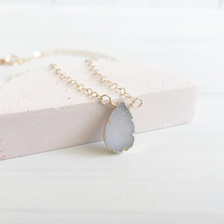 Small Light Grey Druzy Teardrop Necklace in Gold