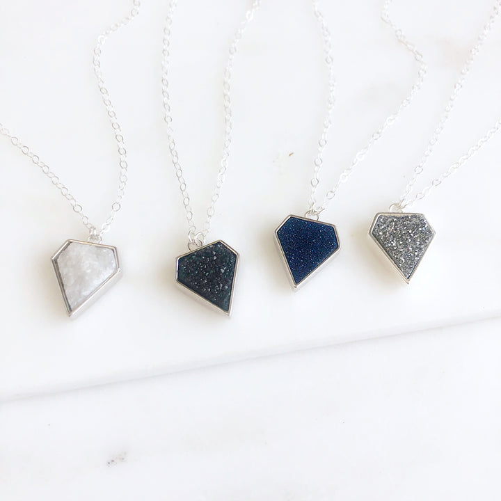 Blue Druzy Shield Necklace in Sterling Silver