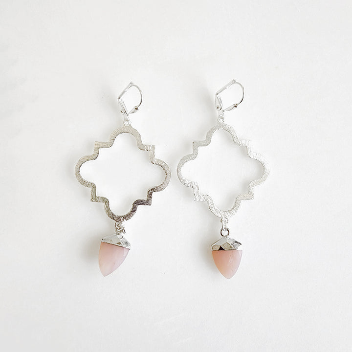 Quatrefoil Fashion Earrings with Shield Shaped Stone in Brushed Silver