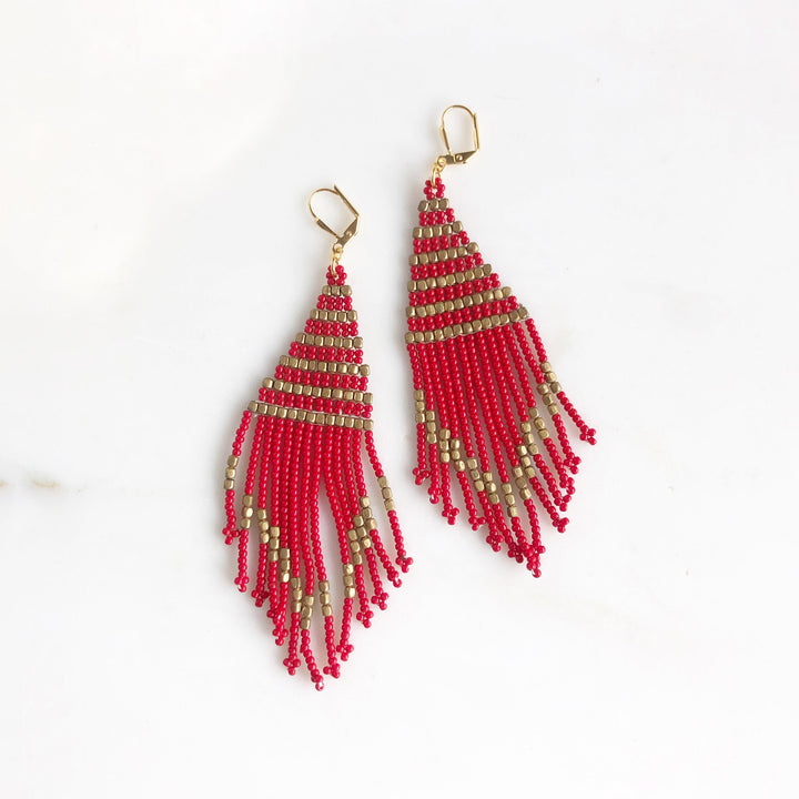 Beaded Tassel Fringe Statement Earrings in Gold
