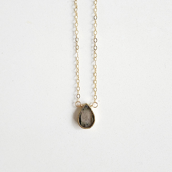 Dainty Smooth Labradorite Teardrop Necklace in Gold