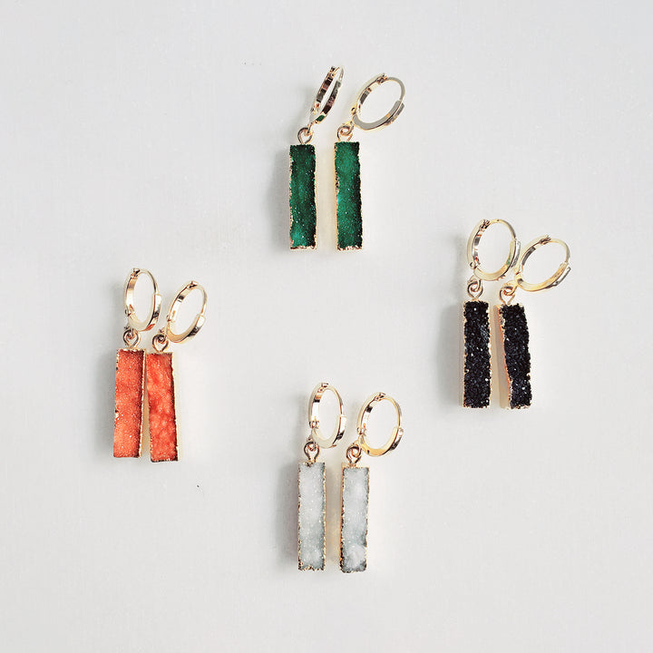 Small Rectangle Druzy Hoop Earrings in Gold