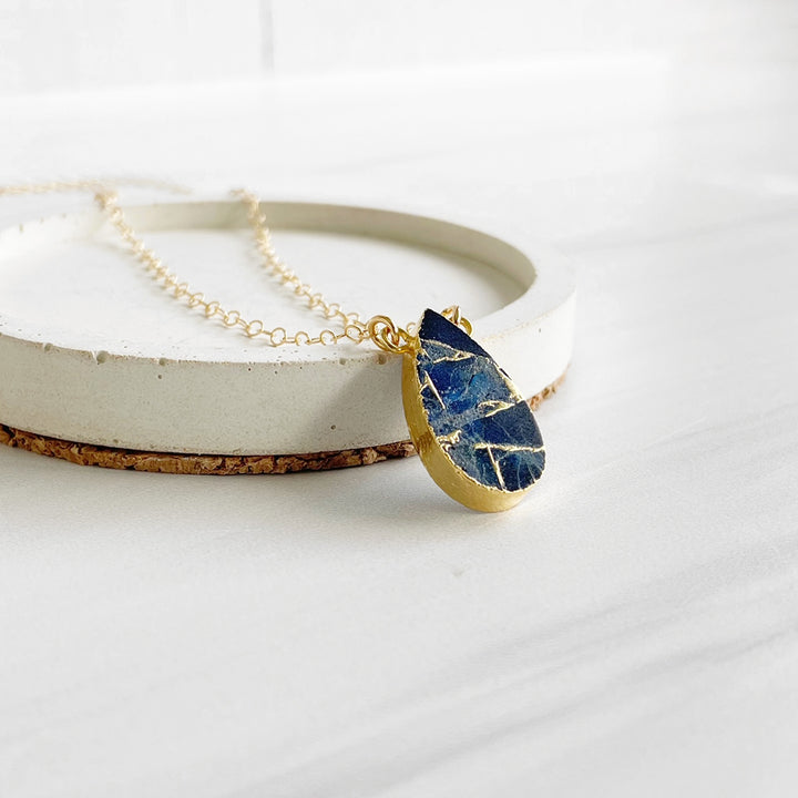 Sapphire Mojave Teardrop Gemstone Slice Necklace in Gold and Silver