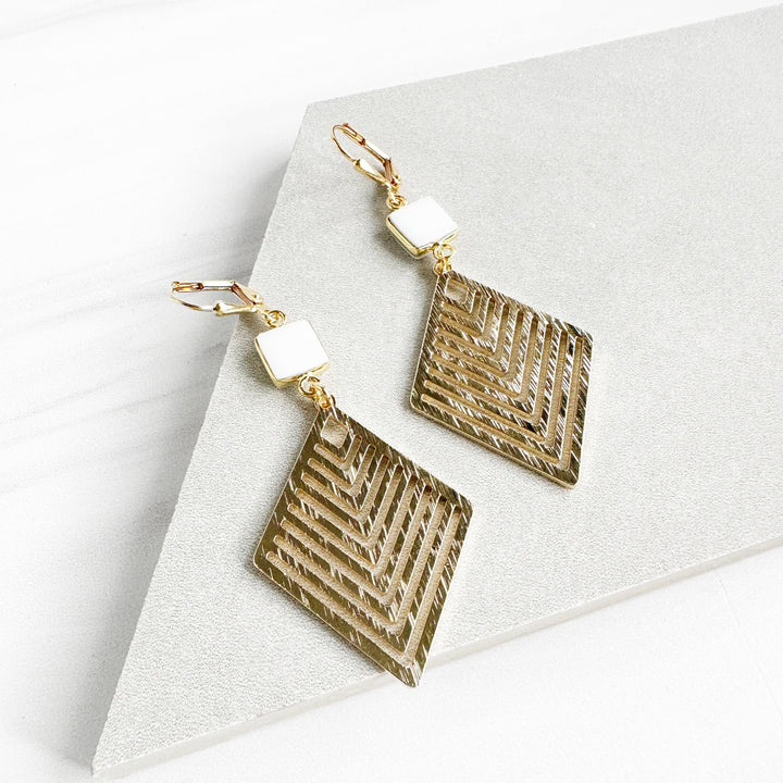 Patterned Diamond and White Agate Statement Earrings in Brushed Brass Gold
