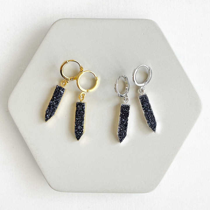 Black Druzy Point Hoop Earrings in Gold and Silver