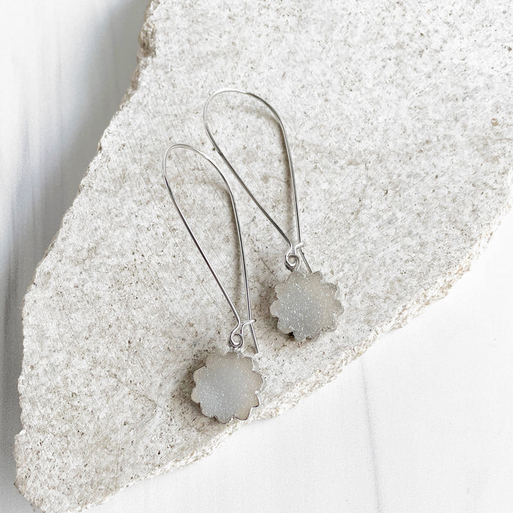 Grey White Druzy Drop Earrings in Silver and Gold