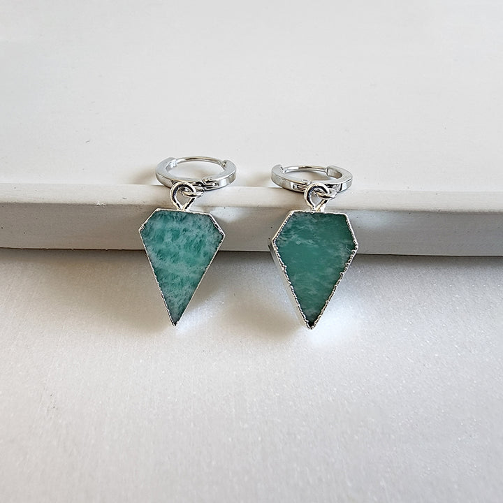 Dainty Amazonite Diamond Shield Dangle Earrings in Gold & Silver. Gemstone Drop Hoop Earrings. Simple Amazonite Earrings