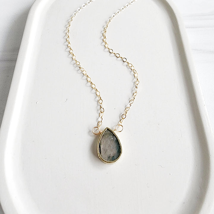 Dainty Smooth Labradorite Teardrop Necklace in Gold
