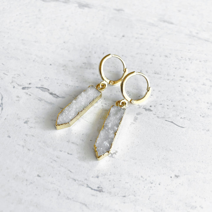 White Druzy Point Hoop Earrings in Gold. Dainty Gold Earrings