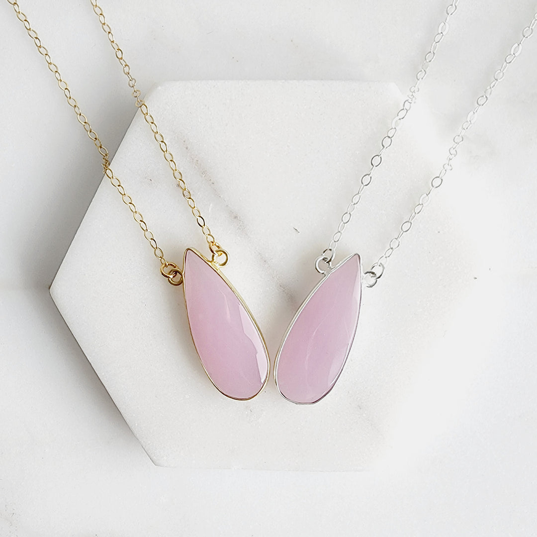 Long Pink Chalcedony Teardrop Bezel Stone Statement Necklace in Gold and Silver