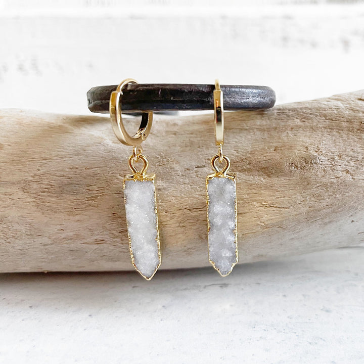 White Druzy Point Hoop Earrings in Gold. Dainty Gold Earrings