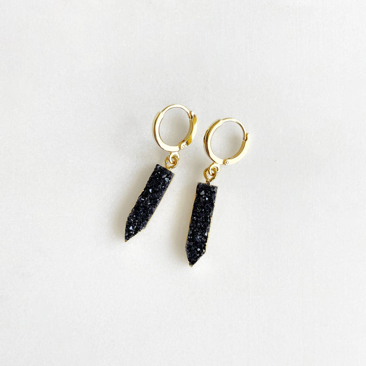 Black Druzy Point Hoop Earrings in Gold and Silver
