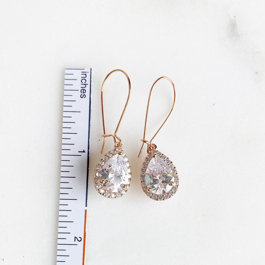 Simple Rose Gold Bridal Drop Earrings. Cubic Zirconia Drops. Elegant Dangle Earrings