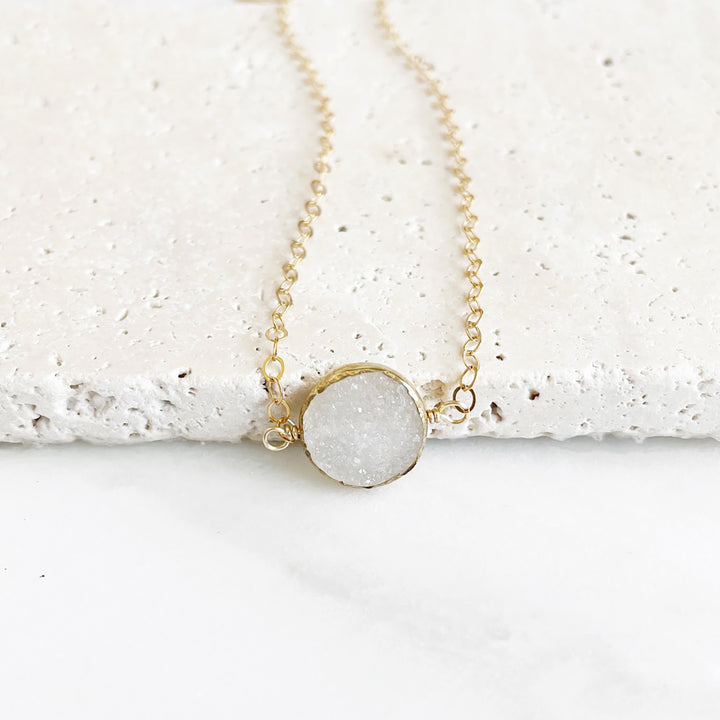 White Druzy Circle Choker Necklace in Gold