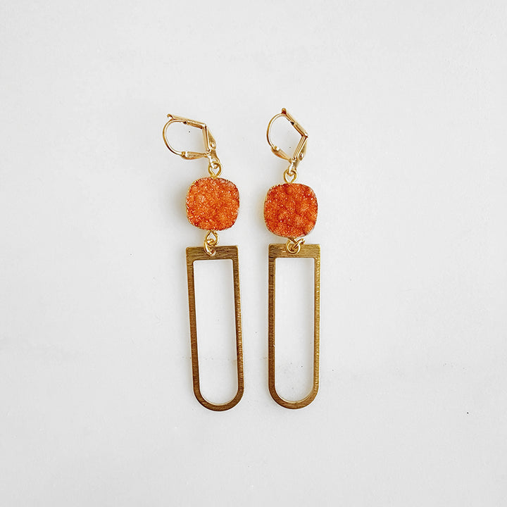 Long Horseshoe Dangle Earrings with Orange Druzy Stone in Brushed Brass