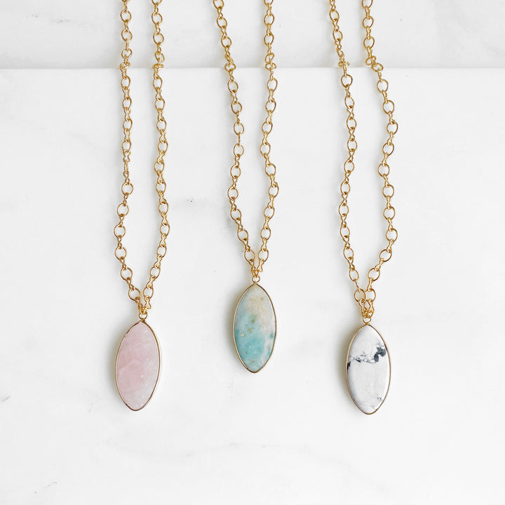 Chunky Gemstone Necklace in Gold. Rose quartz, Amazonite or White Turquoise