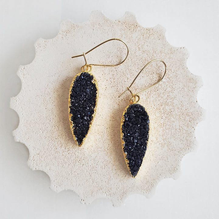 Black Druzy Teardrop Dangle Earrings Gold & Silver