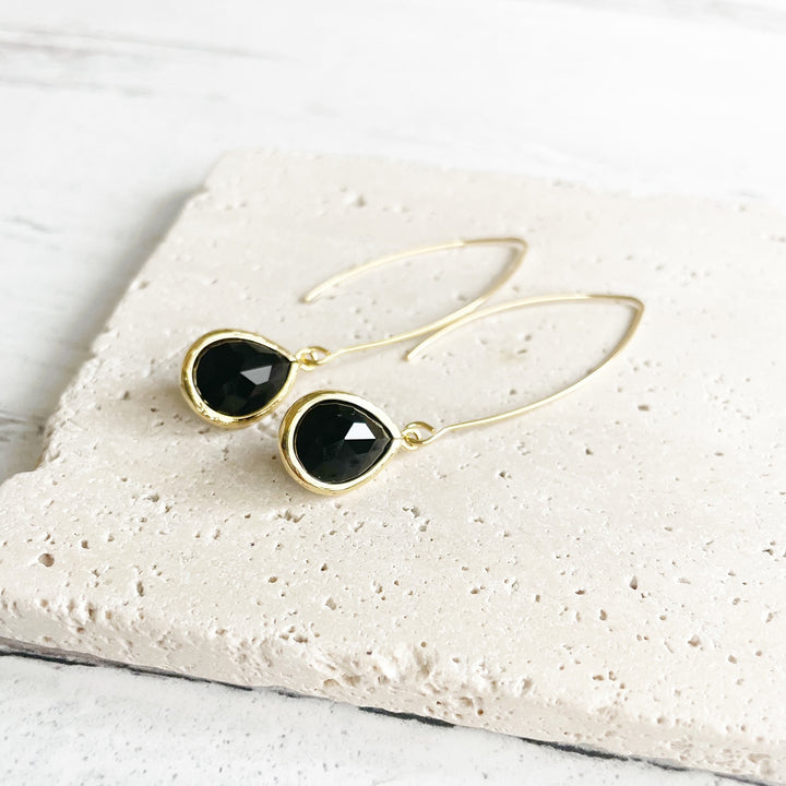 Simple Black Glass Stone Drop Earrings in Gold