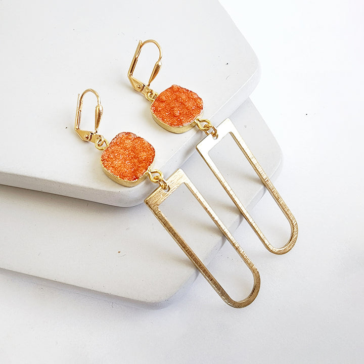 Long Horseshoe Dangle Earrings with Orange Druzy Stone in Brushed Brass