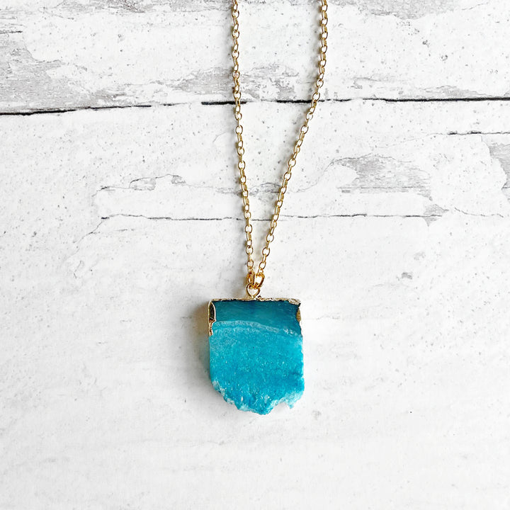 Teal Chunky Druzy Necklace in Gold. Aqua Geode Necklace