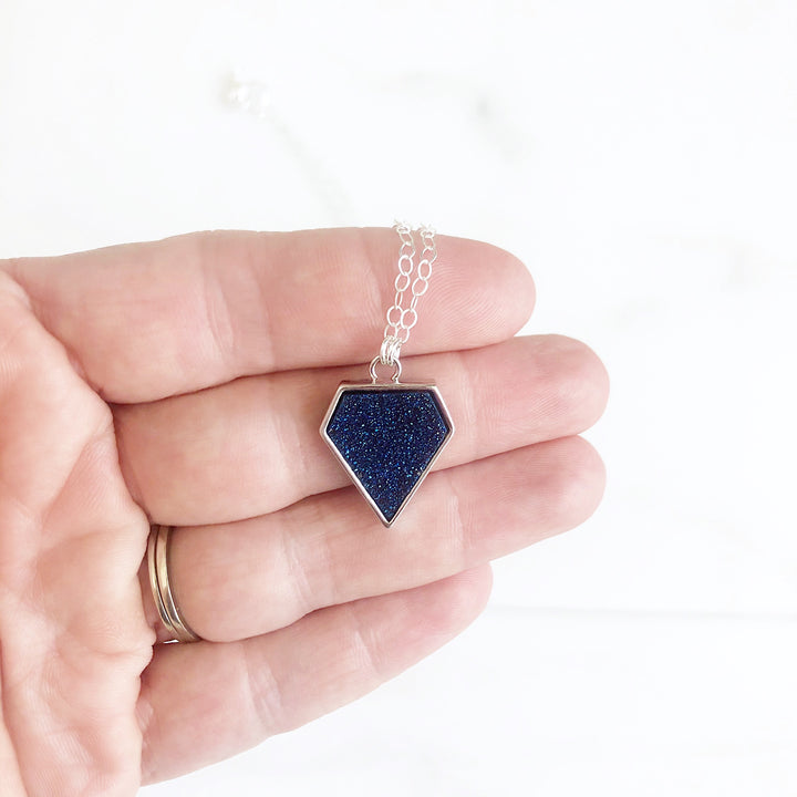 Blue Druzy Shield Necklace in Sterling Silver