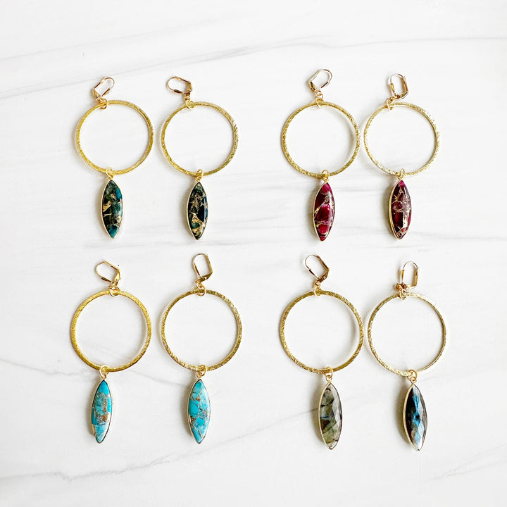 Super Big Hoop Earrings with Marquise Gemstone Pendants in Gold