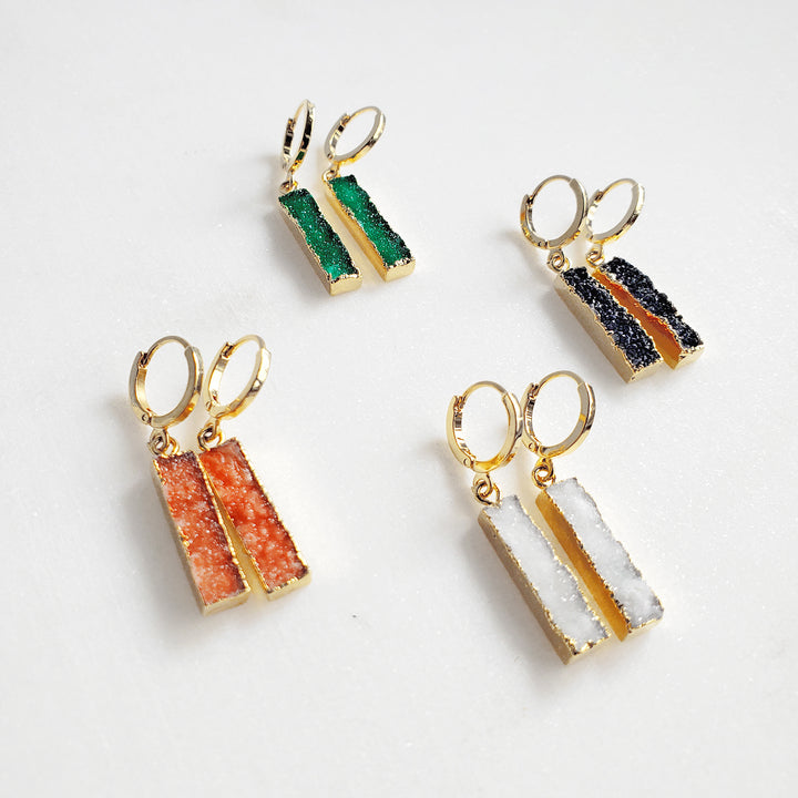 Small Rectangle Druzy Hoop Earrings in Gold
