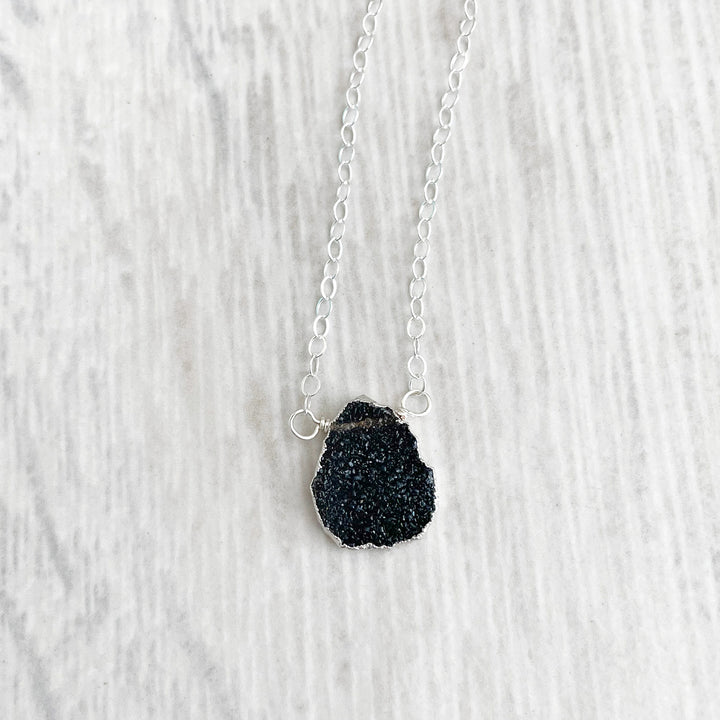 Black Druzy Gemstone Slice Necklace in Sterling Silver