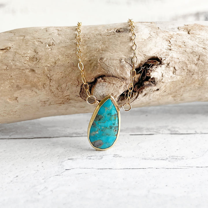 Turquoise Teardrop Bezel Necklace in Gold. Dainty Pendant Necklace