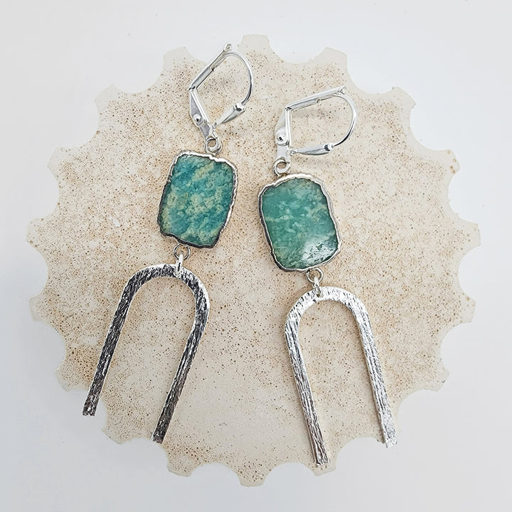 Amazonite Slice Horseshoe Earrings in Brushed Silver