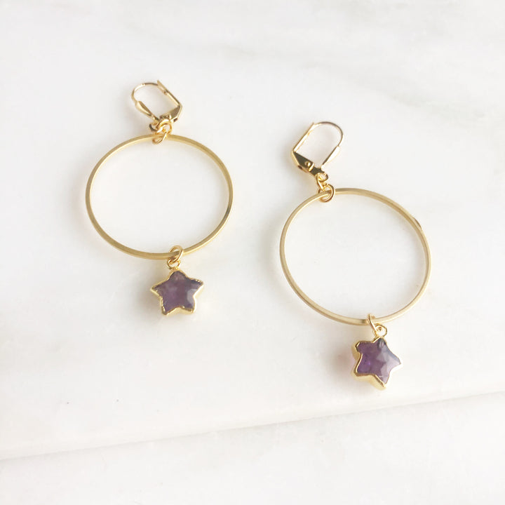 Star Hoop Earrings in Gold. Hoop Dangle Gemstone Earrings