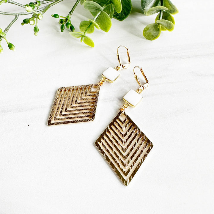 Patterned Diamond and White Agate Statement Earrings in Brushed Brass Gold