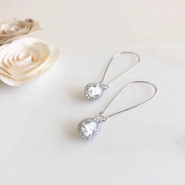 Large Simple Silver Bridal Drop Earrings. Cubic Zirconia Drop Dangle Earrings