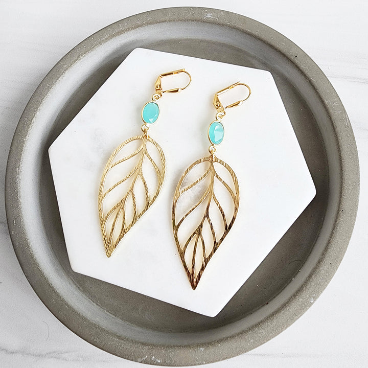 Turquoise Leaf Statement Earrings in Brushed Brass Gold