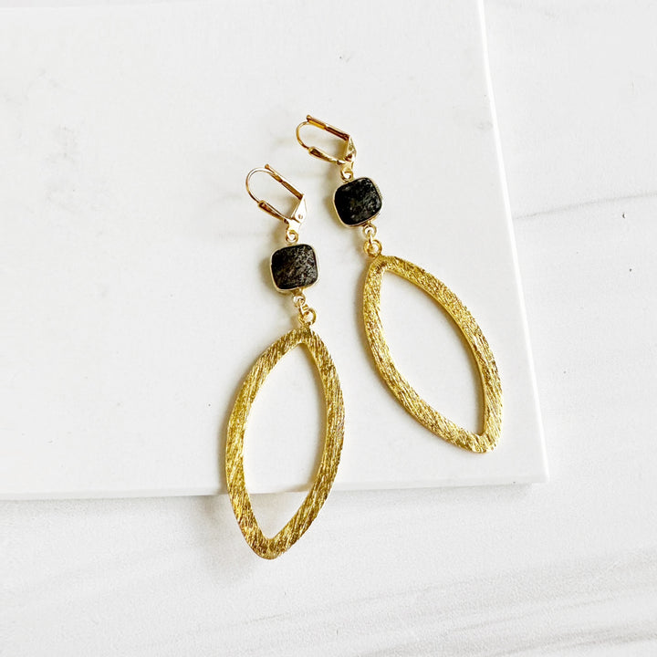 Marquise and Black Sunstone Statement Earrings in Brushed Brass Gold