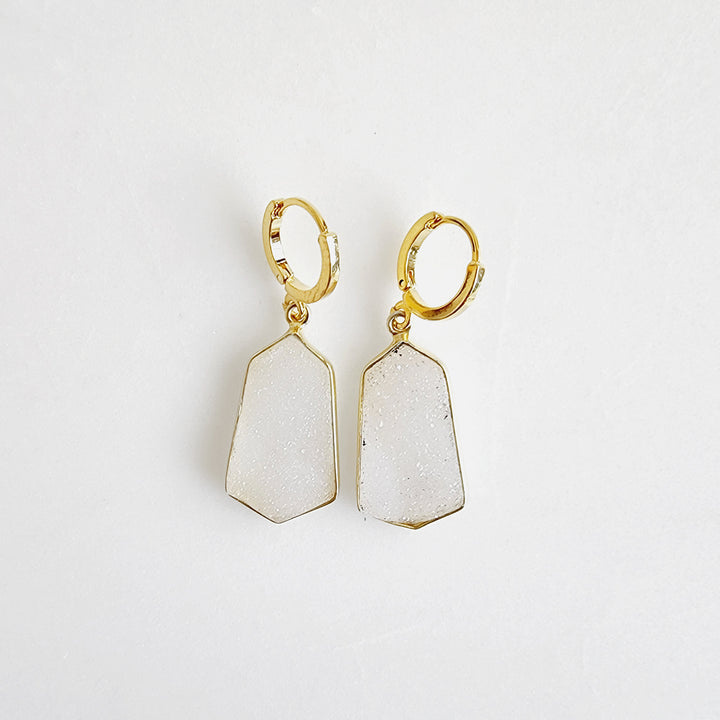 Kite Shaped White Druzy Hoop Earrings in Gold