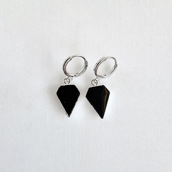 Dainty Black Onyx Diamond Shield Hoop Earrings in Gold & Silver