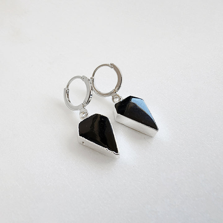 Dainty Black Onyx Diamond Shield Hoop Earrings in Gold & Silver