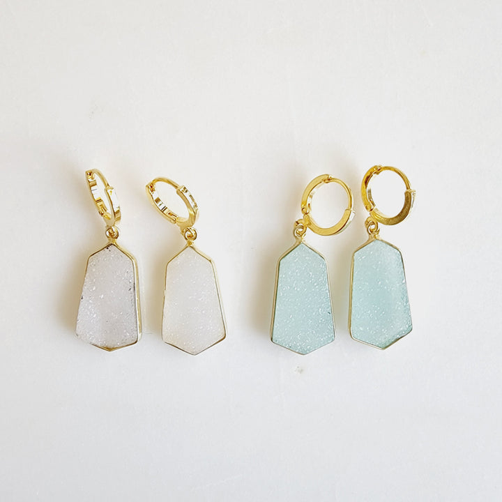 Kite Shaped White Druzy Hoop Earrings in Gold
